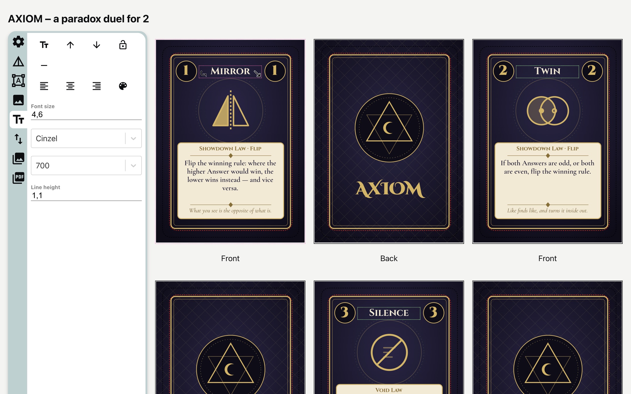 The editor with AXIOM open: a text field selected on the first card, its font, size and weight in the panel beside it, and the fronts and backs of the cards laid out in a grid.